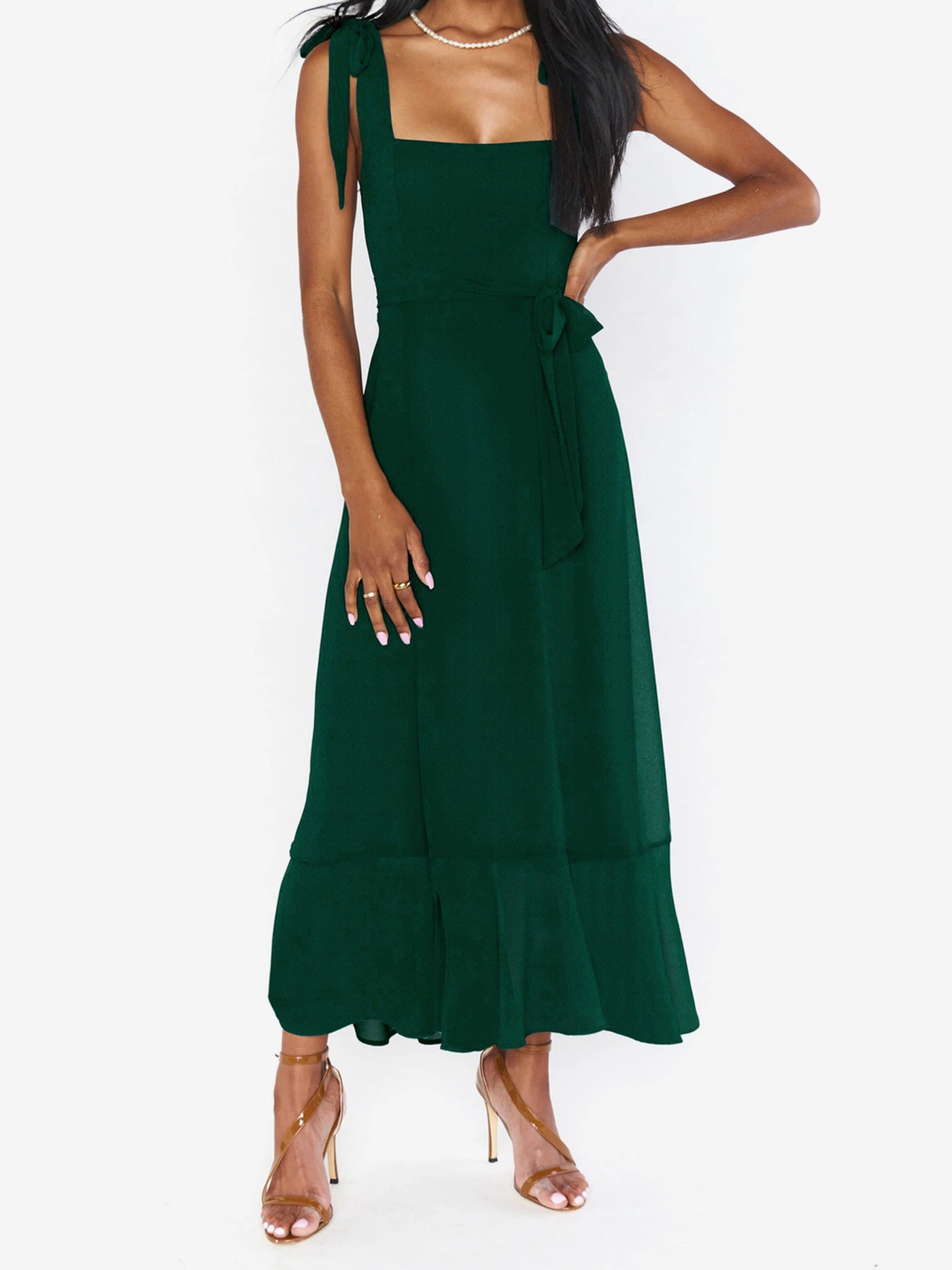 Allegra K Bow Lace-Up Belted Slit Ruffled Sleeveless Midi Dress