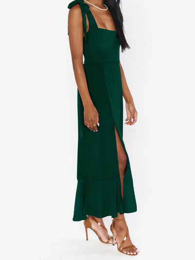 Bow Lace-Up Belted Slit Ruffled Sleeveless Midi Dress