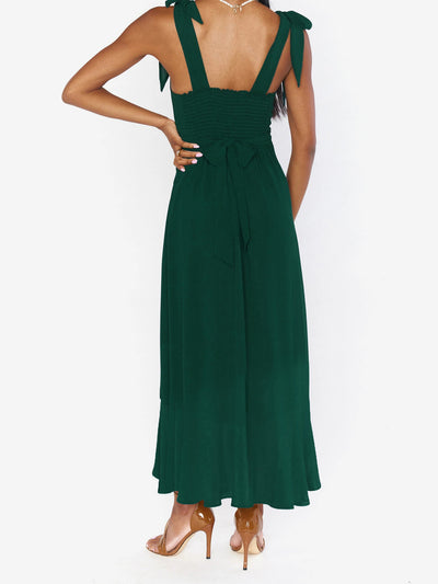 Bow Lace-Up Belted Slit Ruffled Sleeveless Midi Dress