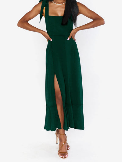 Bow Lace-Up Belted Slit Ruffled Sleeveless Midi Dress