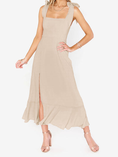 Bow Lace-Up Belted Slit Ruffled Sleeveless Midi Dress