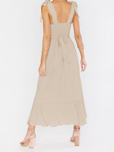 Bow Lace-Up Belted Slit Ruffled Sleeveless Midi Dress