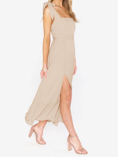 Bow Lace-Up Belted Slit Ruffled Sleeveless Midi Dress