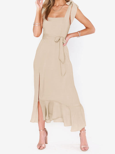 Bow Lace-Up Belted Slit Ruffled Sleeveless Midi Dress