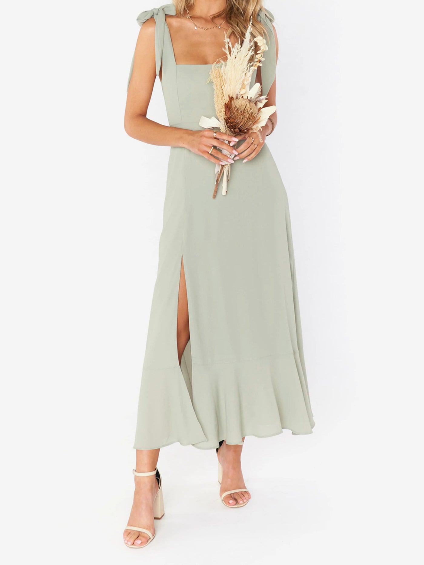 Allegra K Bow Lace-Up Belted Slit Ruffled Sleeveless Midi Dress