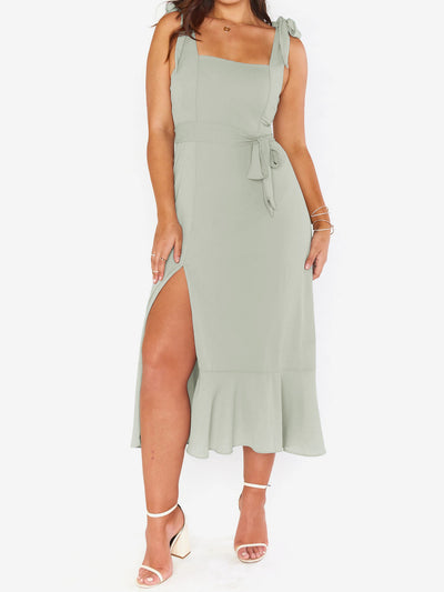 Bow Lace-Up Belted Slit Ruffled Sleeveless Midi Dress