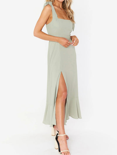 Bow Lace-Up Belted Slit Ruffled Sleeveless Midi Dress