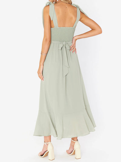 Bow Lace-Up Belted Slit Ruffled Sleeveless Midi Dress