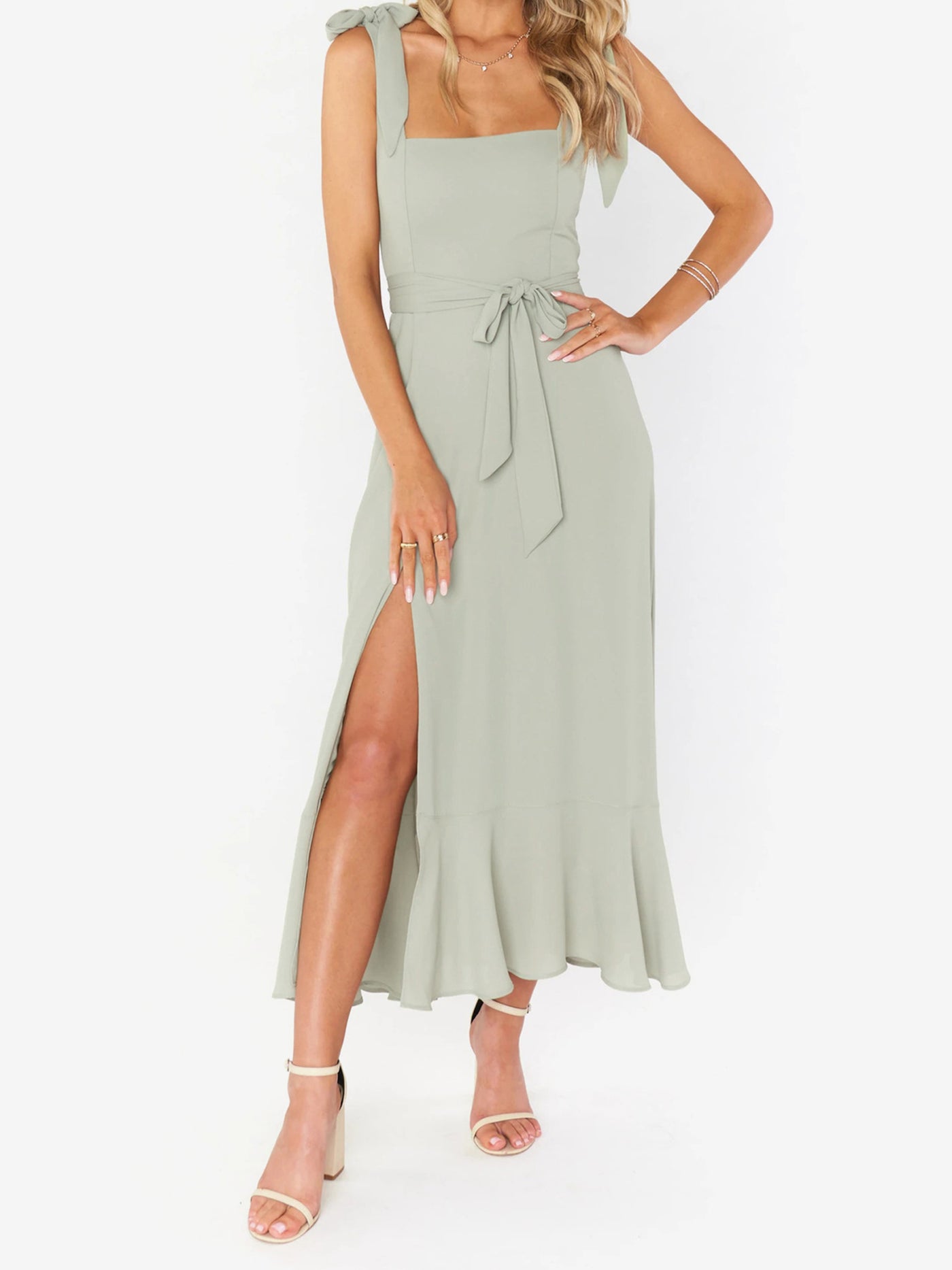 Allegra K Bow Lace-Up Belted Slit Ruffled Sleeveless Midi Dress