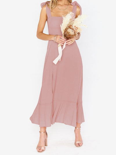 Bow Lace-Up Belted Slit Ruffled Sleeveless Midi Dress