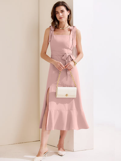 Allegra K Bow Lace-Up Belted Slit Ruffled Sleeveless Midi Dress