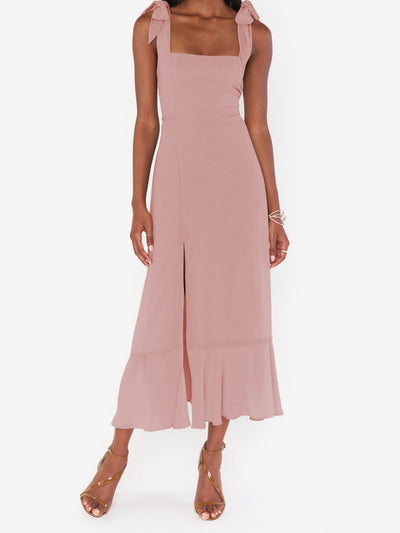 Bow Lace-Up Belted Slit Ruffled Sleeveless Midi Dress