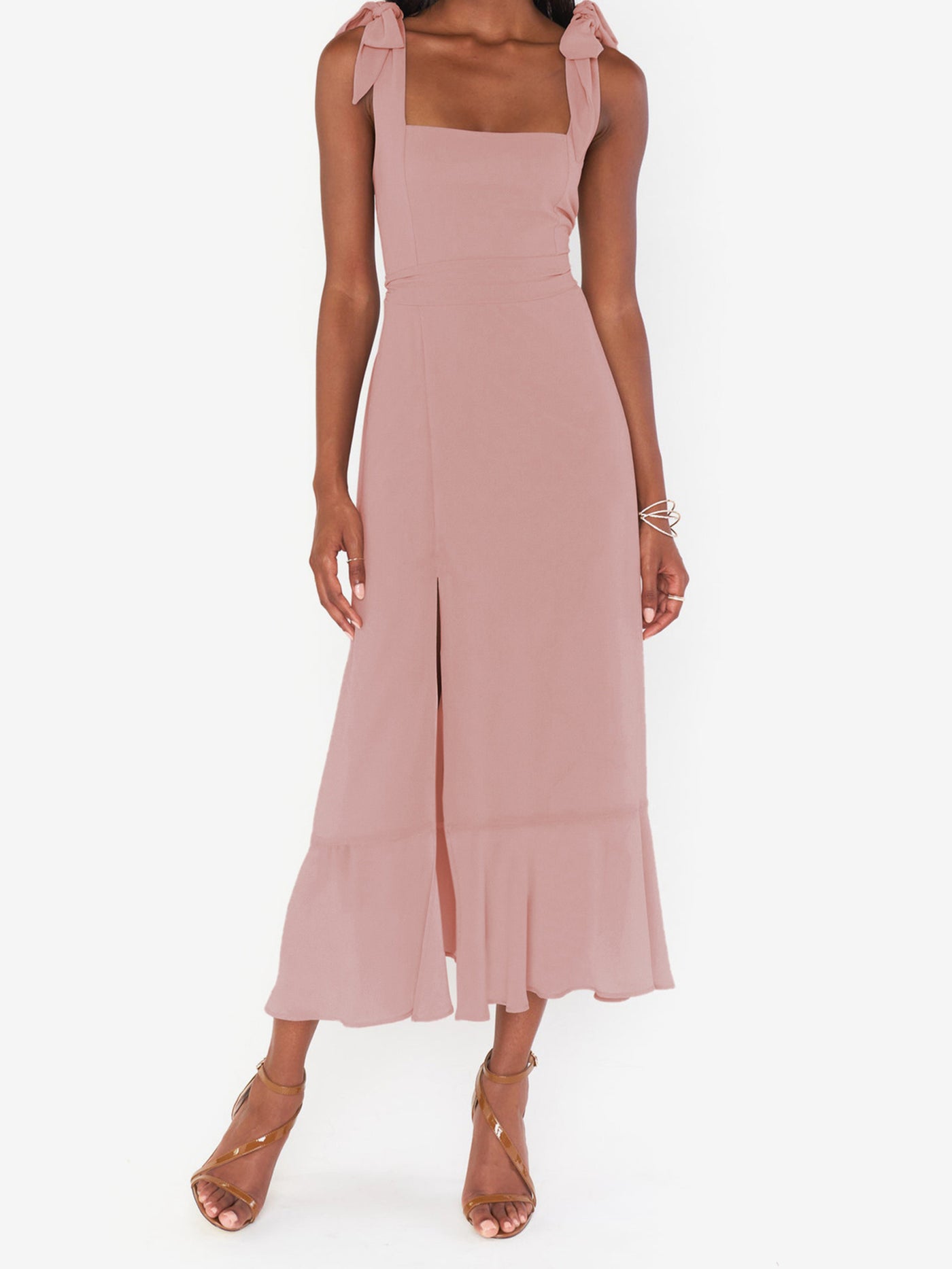 Allegra K Bow Lace-Up Belted Slit Ruffled Sleeveless Midi Dress