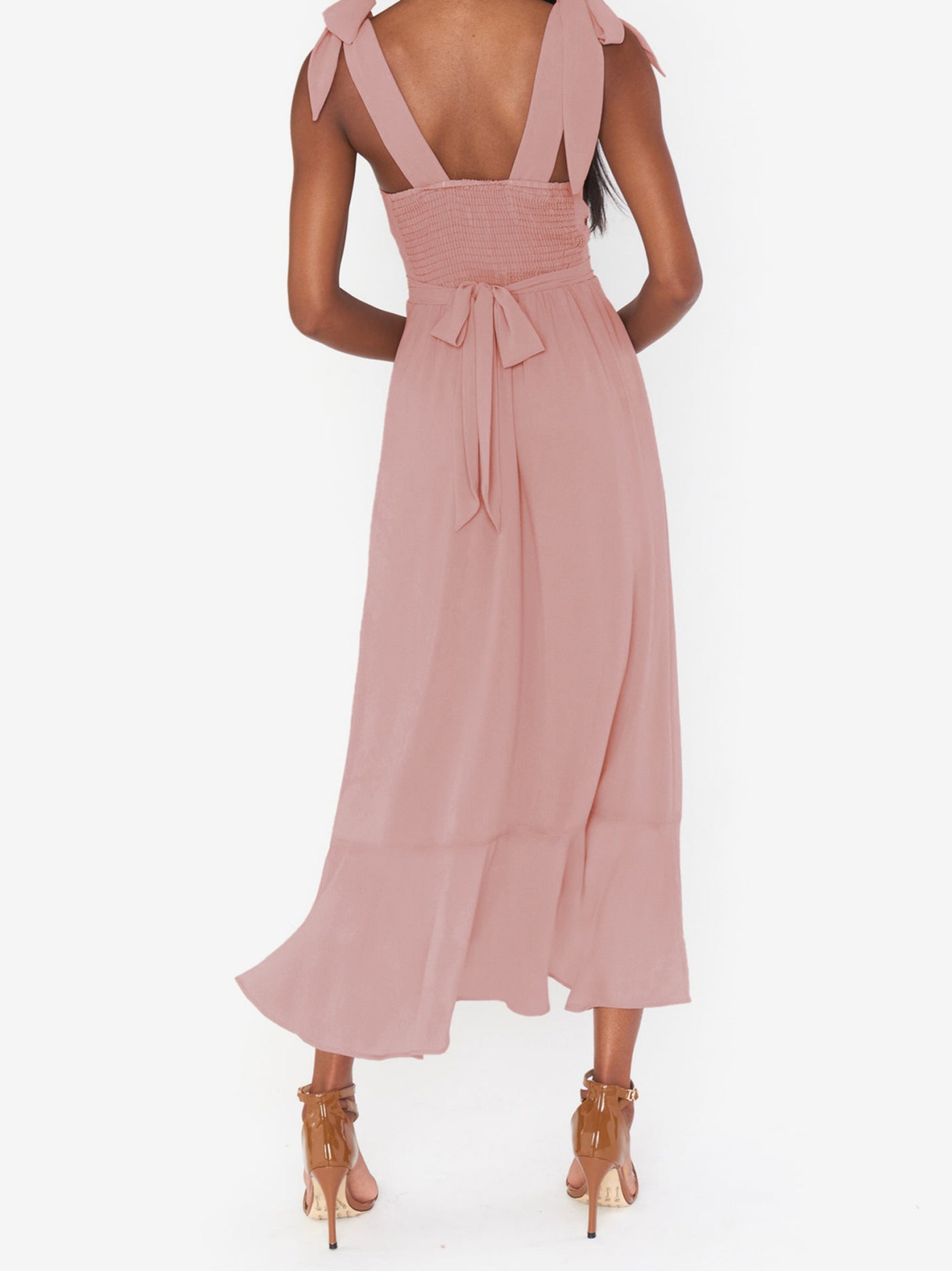 Allegra K Bow Lace-Up Belted Slit Ruffled Sleeveless Midi Dress