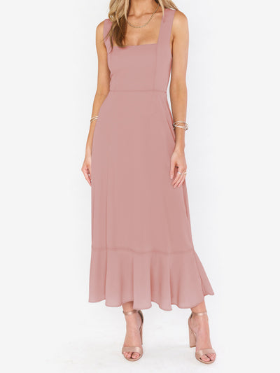 Bow Lace-Up Belted Slit Ruffled Sleeveless Midi Dress