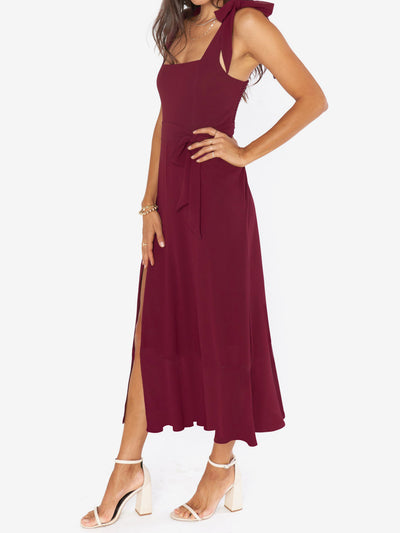 Bow Lace-Up Belted Slit Ruffled Sleeveless Midi Dress