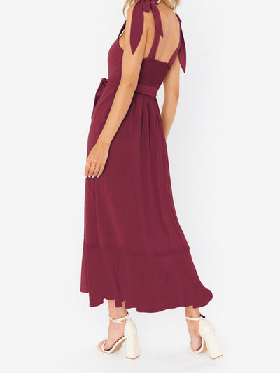 Bow Lace-Up Belted Slit Ruffled Sleeveless Midi Dress