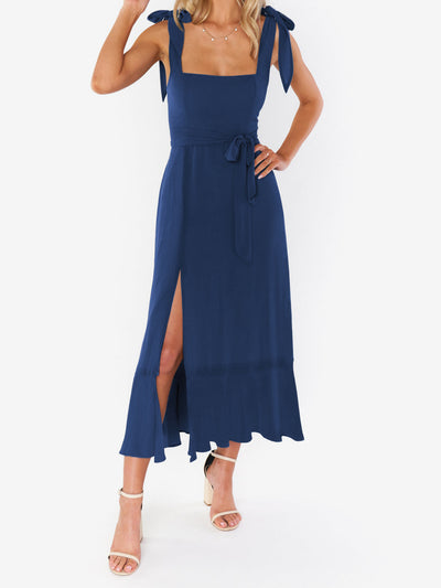 Bow Lace-Up Belted Slit Ruffled Sleeveless Midi Dress