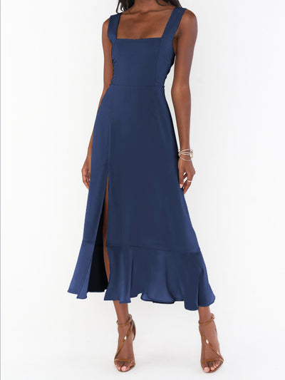 Bow Lace-Up Belted Slit Ruffled Sleeveless Midi Dress