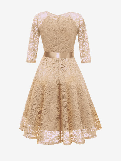 Lace Belted 3/4 Sleeves Solid Color A-Line Midi Dress