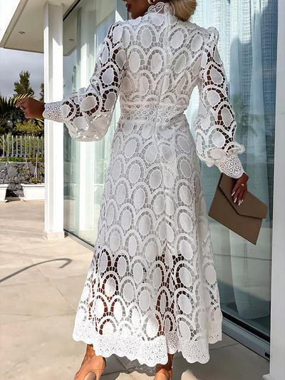 Mock Neck Long Sleeves Eyelet Maxi Dress