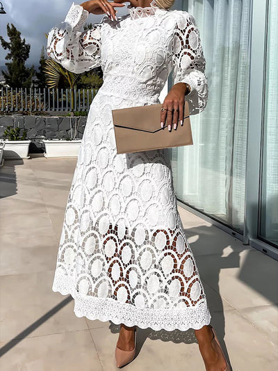 Mock Neck Long Sleeves Eyelet Maxi Dress