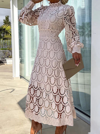 Mock Neck Long Sleeves Eyelet Maxi Dress