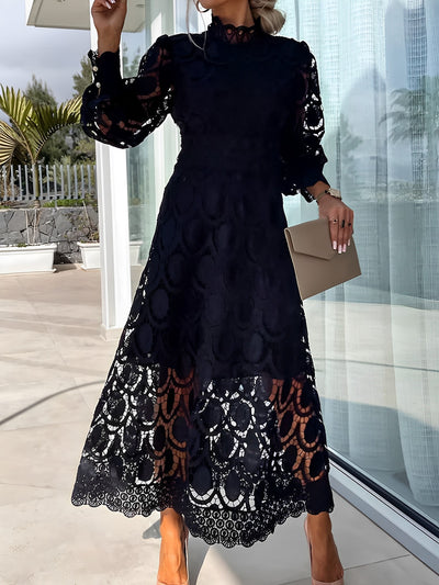 Mock Neck Long Sleeves Eyelet Maxi Dress