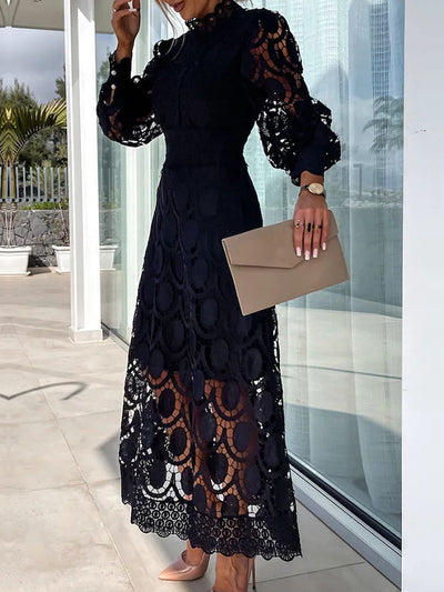 Mock Neck Long Sleeves Eyelet Maxi Dress