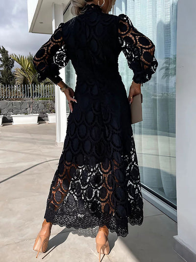 Mock Neck Long Sleeves Eyelet Maxi Dress