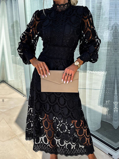 Mock Neck Long Sleeves Eyelet Maxi Dress