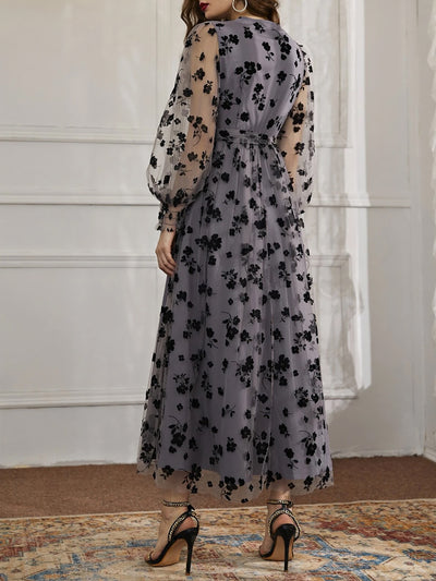 Lantern Sleeves Floral Mesh Lace-Up Maxi Dress