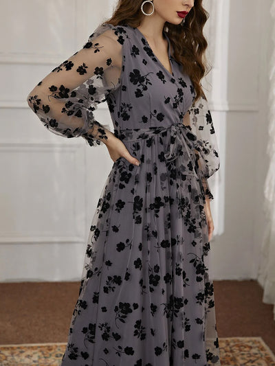 Lantern Sleeves Floral Mesh Lace-Up Maxi Dress