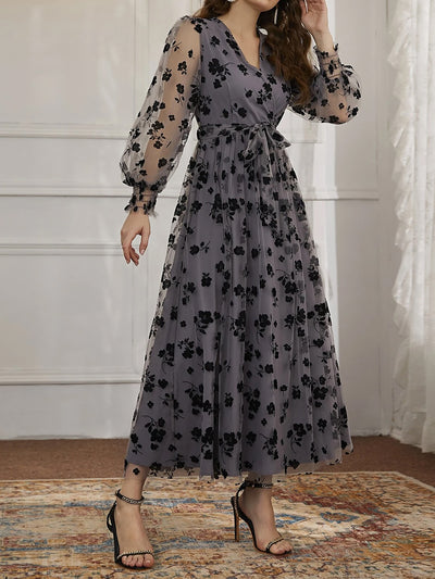 Lantern Sleeves Floral Mesh Lace-Up Maxi Dress