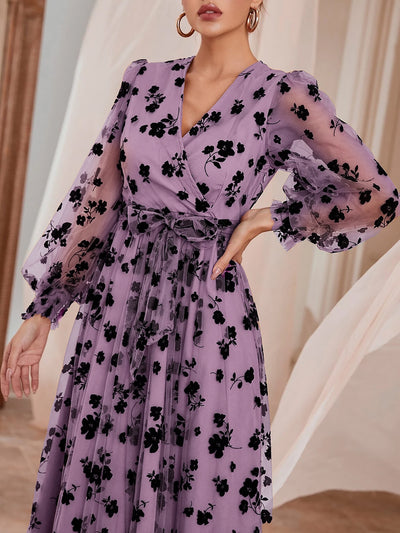 Lantern Sleeves Floral Mesh Lace-Up Maxi Dress