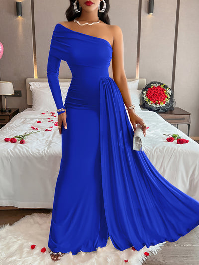 Solid Color One Shoulder Bodycon Maxi Cocktail Dress