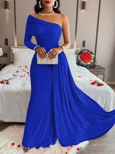 Solid Color One Shoulder Bodycon Maxi Cocktail Dress