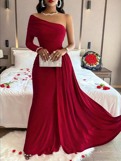 Solid Color One Shoulder Bodycon Maxi Cocktail Dress