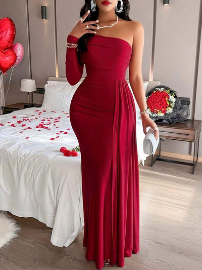 Solid Color One Shoulder Bodycon Maxi Cocktail Dress