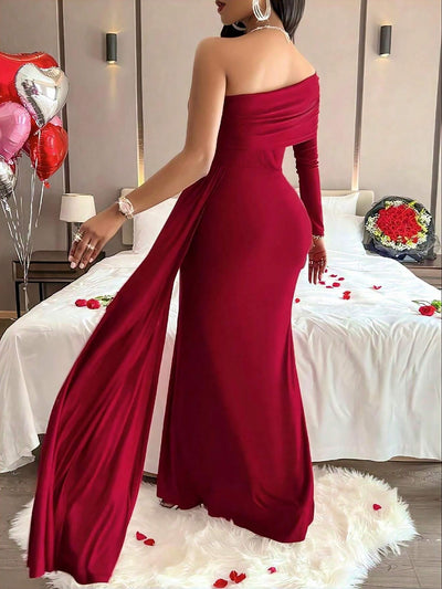 Solid Color One Shoulder Bodycon Maxi Cocktail Dress