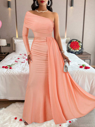 Solid Color One Shoulder Bodycon Maxi Cocktail Dress