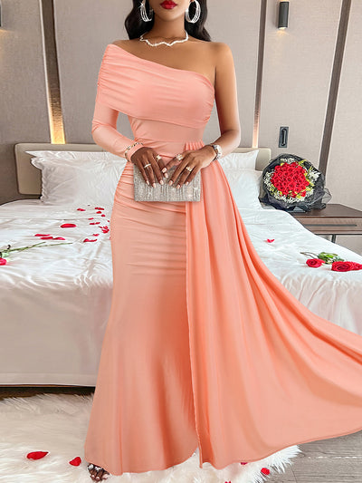 Solid Color One Shoulder Bodycon Maxi Cocktail Dress