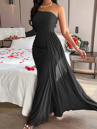 Solid Color One Shoulder Bodycon Maxi Cocktail Dress