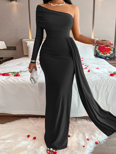 Solid Color One Shoulder Bodycon Maxi Cocktail Dress