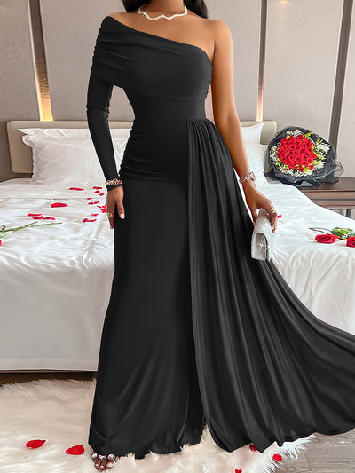 Solid Color One Shoulder Bodycon Maxi Cocktail Dress