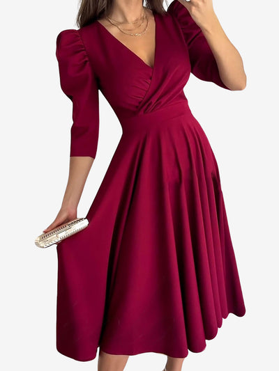 Solid Color V-Neck Puff Sleeve A-Line Midi Dress