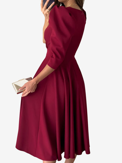 Solid Color V-Neck Puff Sleeve A-Line Midi Dress