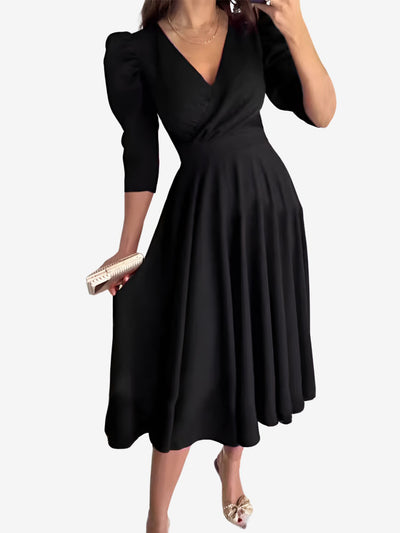 Solid Color V-Neck Puff Sleeve A-Line Midi Dress