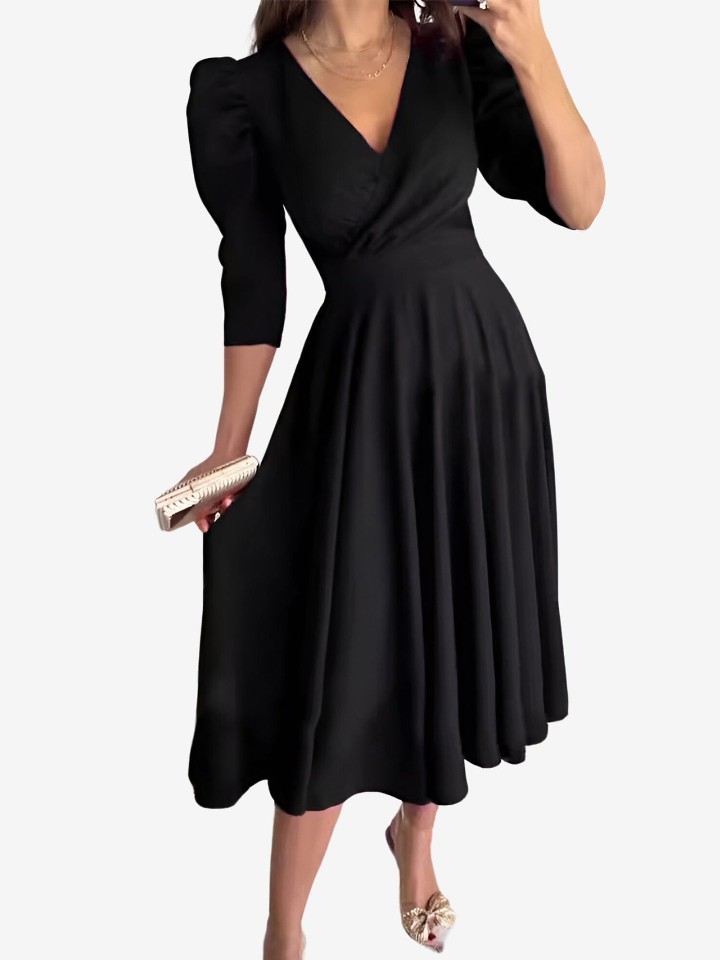 Allegra K Solid Color V-Neck Puff Sleeve A-Line Midi Dress