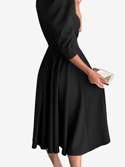 Solid Color V-Neck Puff Sleeve A-Line Midi Dress